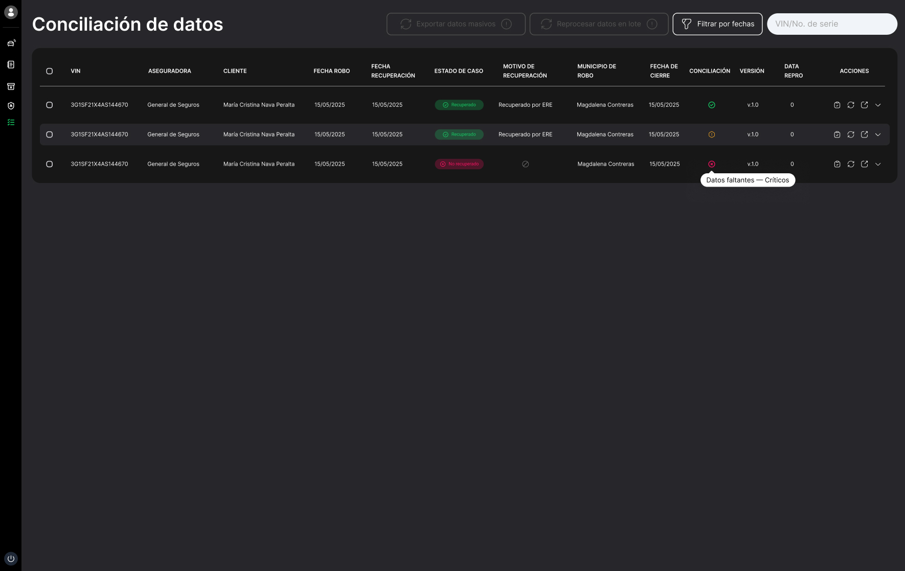 Status icons explain themselves on hover — critical vs. missing data.